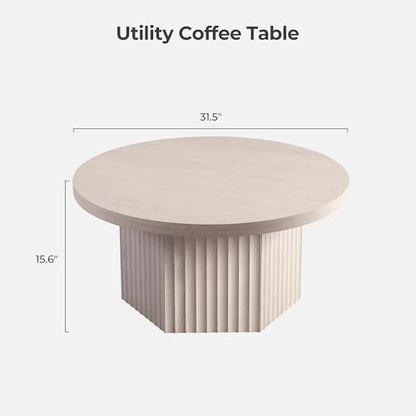 Round Coffee Table for Living Room, 32" Circle Modern Fluted Center Coffee Table with Storage, Mid Century Accent Tea Dining Table for Small Space, Apartment, White Alder
