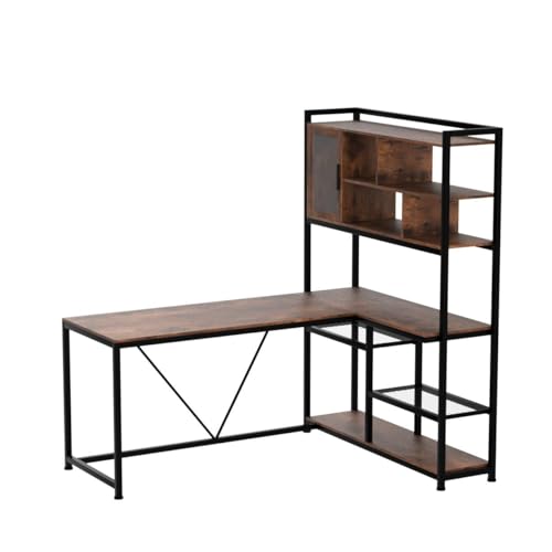 L Shaped Computer Desk with Storage Shelves, Bookshelf, Rustic Brown, view 5