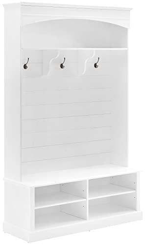 Bartlett Hall Tree with Shoe Rack Bench and Coat Hooks for Hanging, White