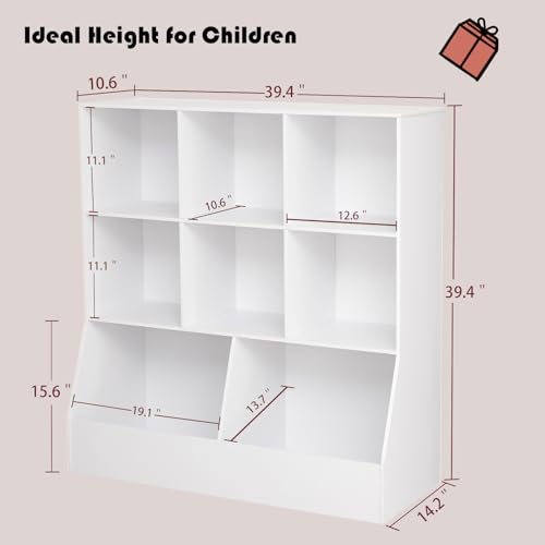 Toy Storage Organizer, Kids Bookshelf, Wood Toy Storage Cabinet, 3-Tier 8 Cubby Children Bookcase, 39.4" L Toddler Book Shelf for Playroom, Living Room, Nursery, Hallway, Classroom, White