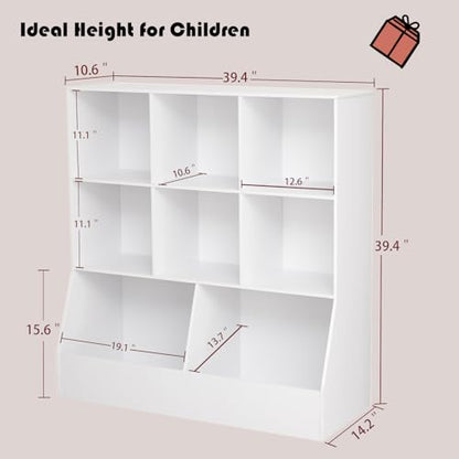 Toy Storage Organizer, Kids Bookshelf, Wood Toy Storage Cabinet, 3-Tier 8 Cubby Children Bookcase, 39.4" L Toddler Book Shelf for Playroom, Living Room, Nursery, Hallway, Classroom, White