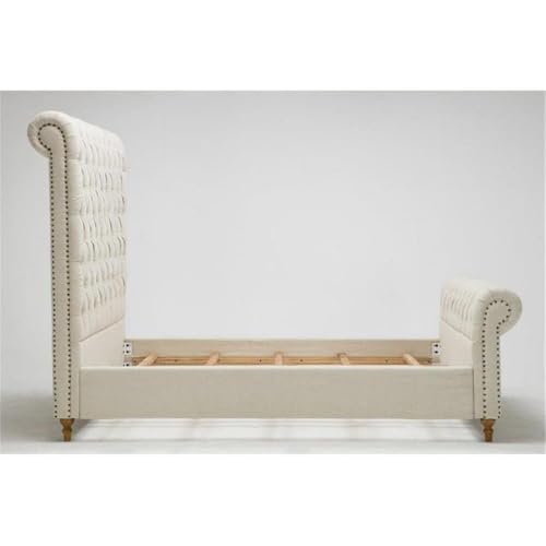 Eden Home Mid-Century Upholstered Tufted Full Bed Frame, Fabric Material, Cream Finish, Tall Button Tufted Headboard, Slats Included, 66.3" H x 59.6" W x 95.3" D, Elegant Bedroom Furniture