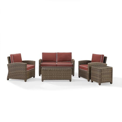 Crosley Furniture KO70050WB-SG Bradenton Outdoor Wicker 5-Piece Seating Set (Loveseat, 2 Arm Chairs, Side & Coffee Table), Weathered Brown with Sangria Cushions