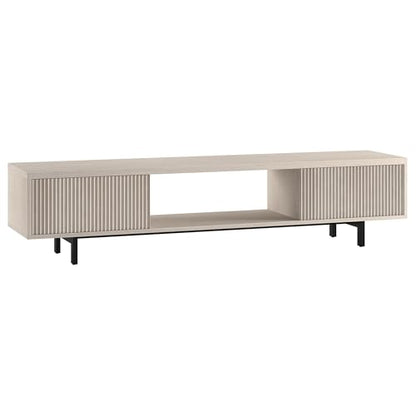 Fluted TV Stand for TVs up to 78" with 2 Ribbed Side Storage Cabinets and Open Center Storage for Living Room, Family Room, or Office, Beech White