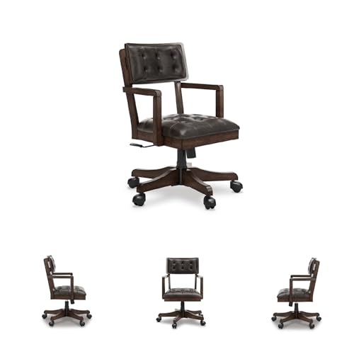 Signature Design by Ashley Breckington Contemporary Faux Leather Tufted Home Office Desk Chair with Adjustable Height and Casters, Solid Wood, 28.75" W x 28.75" D x 38" H, Dark Brown