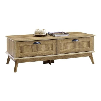 Eden Home Coffee Table, 45.3 in Length, Metal and Engineered Wood, Golden Oak Finish, 2 Drawers, Scandinavian Style, Easy-Clean Living Room Center Table with Storage
