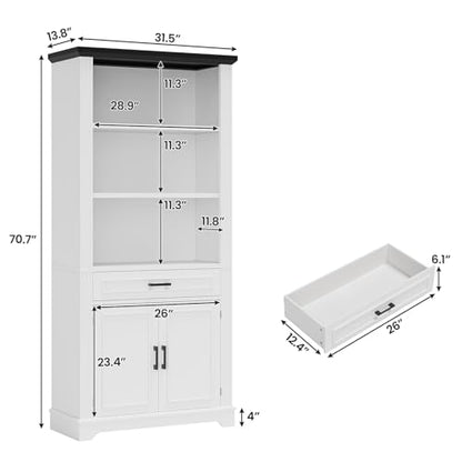 Farmhouse Bookshelves and Bookcases with Doors and Drawer, Bookshelf with Storage, Floor Standing 6 Shelf Display Storage Shelves 70 in Tall Bookshelf for Home Office, Living Room, White