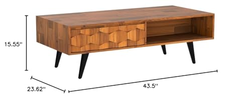 Georgina Solid Wood Coffee Table, 2 Drawers & Open Shelves, Mid Century Modern Center Table, 110 cm, Teak Brown, Pre-Assembled