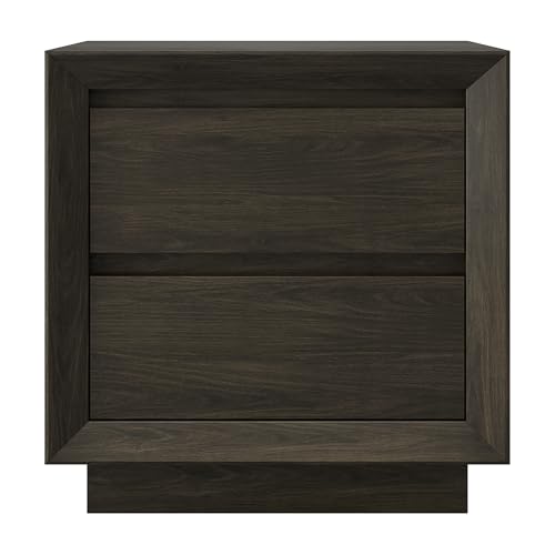 24" Nightstand Side Table, Rich Brown | 2-drawer end table with soft-glide drawers, beveled edge detailing, and a plinth base for bedroom, living room, or office