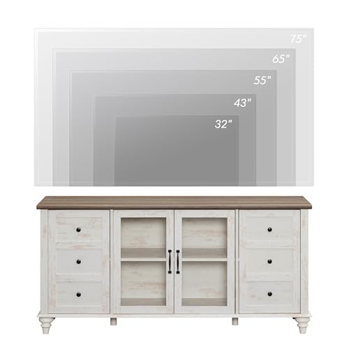 TV Stand for 65 Inch TV, TV Cabinet with Glass Door, Antique White, view 5
