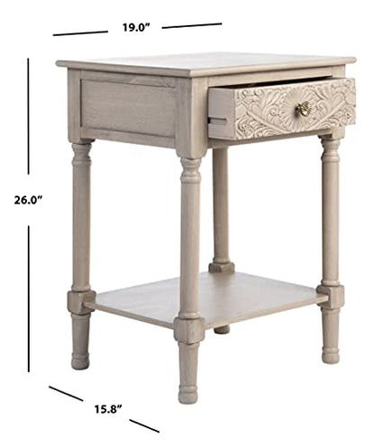 SAFAVIEH Home Collection – Josie Greige Accent Table with Drawer & Shelf, Old World Farmhouse Nightstand, Carved Floral Detail (ACC5706B)