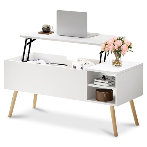 White Coffee Table Lift Top - Coffee Table with Solid Wood Legs, Hidden Storage Compartment & Open Shelves - 40" Lift Up Coffee Tables for Living Room