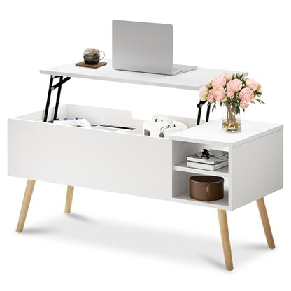White Coffee Table Lift Top - Coffee Table with Solid Wood Legs, Hidden Storage Compartment & Open Shelves - 40" Lift Up Coffee Tables for Living Room