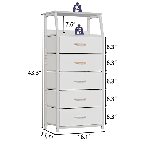 White Tall Dresser for Bedroom, 5 Fabric Bins Tall Nightstand, Dorm Dresser, view 4
