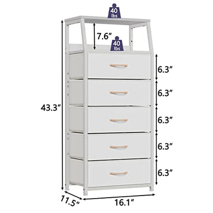 White Tall Dresser for Bedroom, 5 Fabric Bins Tall Nightstand, Dorm Dresser, view 4