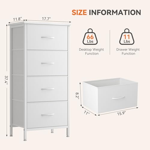 4 Fabric Drawer Small Dresser, Bedside Nightstand with Wooden Top Sturdy Frame, Entryway Closet Bedroom Storage Cabinet Furniture for Dorm,White