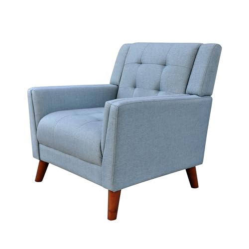 Alisa Mid Century Modern Fabric Arm Chair, Blue and Walnut