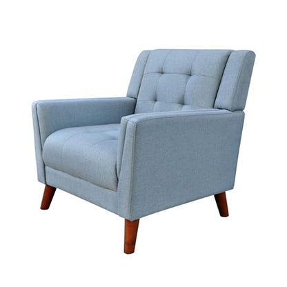 Alisa Mid Century Modern Fabric Arm Chair, Blue and Walnut