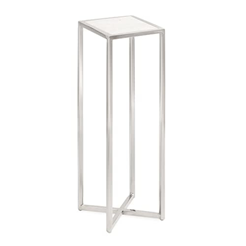 Jaspur Modern Glam Drink Table, 7 x 7 x 21, White and Silver, Decorative Metal and Marble Accent Martini Cocktail Table for Display and Storage