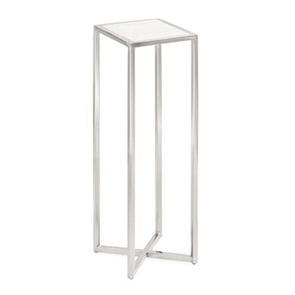 Jaspur Modern Glam Drink Table, 7 x 7 x 21, White and Silver, Decorative Metal and Marble Accent Martini Cocktail Table for Display and Storage