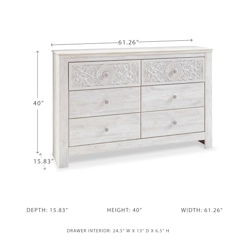 Signature Design by Ashley Paxberry Boho 6 Drawer Dresser, Smooth-gliding Faux Laminate Lined Drawers, Wood, 61.26" W x 15.83" D x 40" H, Whitewash