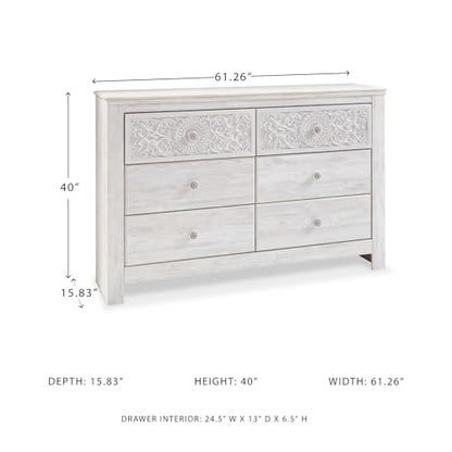 Signature Design by Ashley Paxberry Boho 6 Drawer Dresser, Smooth-gliding Faux Laminate Lined Drawers, Wood, 61.26" W x 15.83" D x 40" H, Whitewash