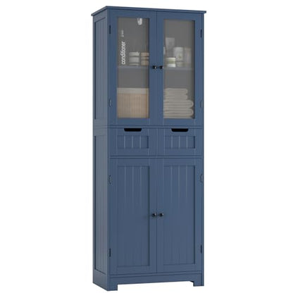 67" Tall Bathroom Storage Cabinet, Freestanding Storage Cabinet with Glass Door and Shelves, Kitchen Pantry with 2 Drawers for Bathroom, Living Room, Dining Room, Blue