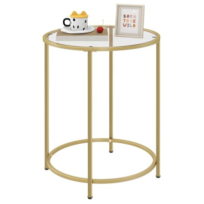Round Side Table, Modern Style Coffee Table, Sofa Table, Table with Metal Shelves and Glass Top, End Table for Living Room, Bedroom, Balcony, Patio, (H) 25.59 inch× (D) 19.69 inch, Gold
