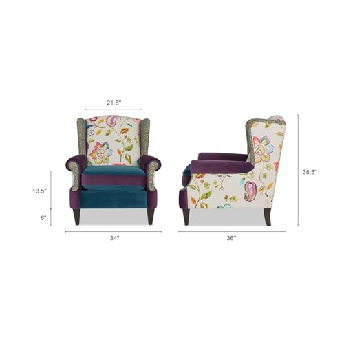 Jennifer Taylor Home Anya Eclectic Floral Patchwork Boho Chic Wingback Large Living Room Lounge Accent Arm Chair