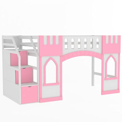Wood Loft Bed Frame with Storage Stairs, Low Loft Bed with Window and Under-Bed Storage Space for Kids Boys Girls, Box Spring Not Required, Pink(Twin Size)