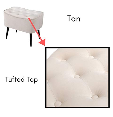 Tufted Curve Ottoman Velvet Foot Stool - Modern Upholstered Padded Footrest for Living Room or Bedroom - Small Cushioned Accent Chair for Couch, Sofa, or Extra Seating (Tan)