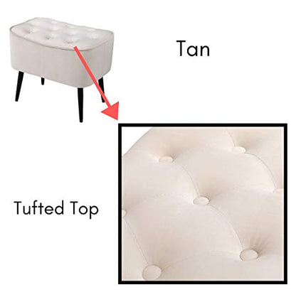 Tufted Curve Ottoman Velvet Foot Stool - Modern Upholstered Padded Footrest for Living Room or Bedroom - Small Cushioned Accent Chair for Couch, Sofa, or Extra Seating (Tan)