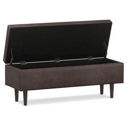 Shay 48 inch Wide Mid Century Modern Rectangular Storage Ottoman in Distressed Chestnut Brown Vegan Faux Leather, Assembled, For the Living Room, Entryway and Family Room