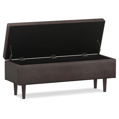 Shay 48 inch Wide Mid Century Modern Rectangular Storage Ottoman in Distressed Chestnut Brown Vegan Faux Leather, Assembled, For the Living Room, Entryway and Family Room