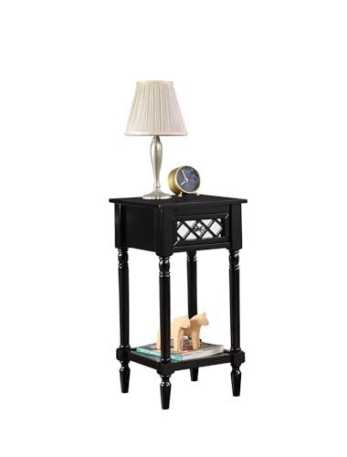 French Country Khloe Deluxe 1 Drawer Accent End Table 14" - Traditional Farmhouse Side Table with Mirrored Storage Drawer and Shelf for Living Room, Black