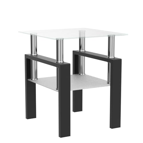 Glass Side Table 2-Tier Modern Glass Top Corner Table Living Room Square Side Table with Metal Leg for Living Room, Dining Room, Bedroom (1, Clear)