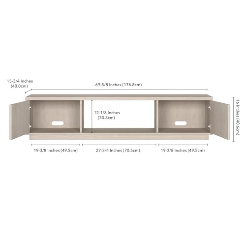 Fluted TV Stand for TVs up to 78" with 2 Ribbed Side Storage Cabinets and Open Center Storage for Living Room, Family Room, or Office, Beech White