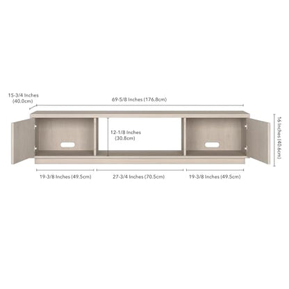 Fluted TV Stand for TVs up to 78" with 2 Ribbed Side Storage Cabinets and Open Center Storage for Living Room, Family Room, or Office, Beech White