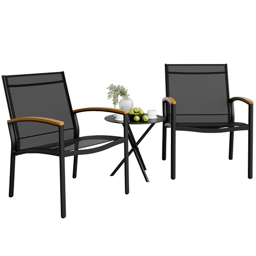 3 Pieces Patio Bistro Sets, Outdoor Textilene Fabric Conversation Bistro Set, Textilene Fabric Front Porch Chairs Small Patio Furniture Set with Table for Lawn,Garden,Balcony (Black)