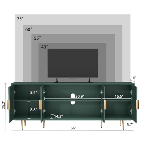 66" TV Stand for 75 Inch TV, Minimalist Media Console with Adjustable Shelves, Modern Entertainment Center with Storage for Living Room Bedroom, Green