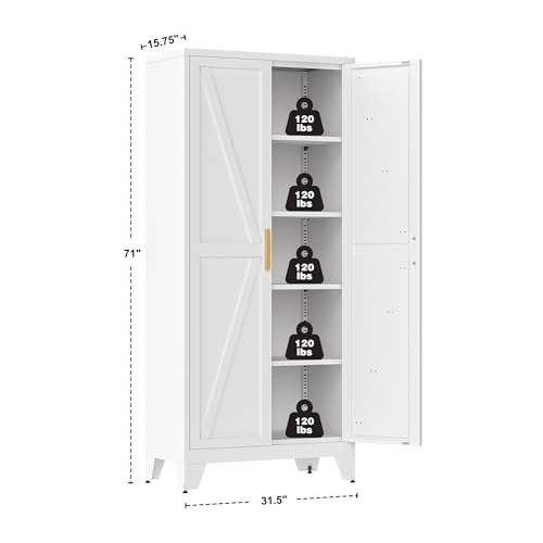 71" Metal Storage Cabinet with Doors and Shelves, Tall Pantry Cabinet in White with 2 Doors & 4 Adjustable Shelves, All-Steel Farmhouse Cupboard for Kitchen, Living Room,Home Office,Garage