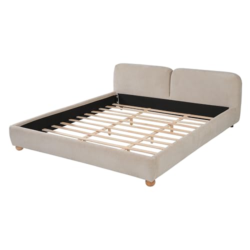 King Size Upholstered Bed Frame with Bouclé Fabric, Thick Curved Headboard, view 8