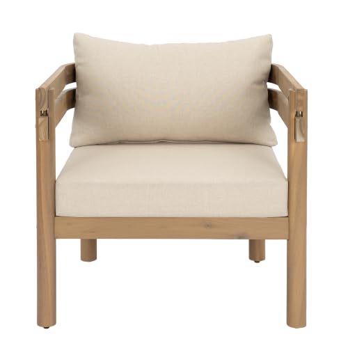 Idda Acacia Wood Lounge Chair Outdoor with Removable Cushion, Solid Wood Patio Accent Chair with Cushion, Patio Furniture Set Sofa Chair, Beige+Light Brown