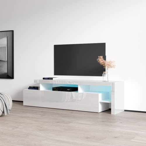 Meble Furniture Indisio Modern High-Gloss TV Stand — LED Lighting — Engineered Wood, 59.1 x 15.7 x 20.1 inches — White