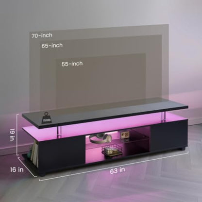 Black TV Stand,LED for Living Room,Glass Entertainment Center TV Stand, TV Console Tables for Living Room,Bedroom,Home Office (White)