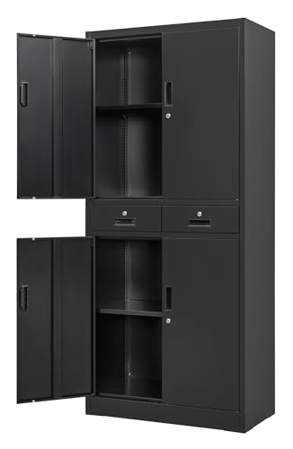 Metal Storage Cabinet, 71" Locking Storage Cabinet with Adjustable Shelves and 2 Drawers, Steel Cabinets for Office, Garage, Home, School, Utility Room(Black)