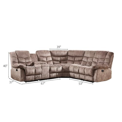 Manual Reclining Sectional Sofa Set for Living Room, Soft Fabric Recliner Corner Sectional Couch with Center Console, Cup Holder and Storage, Brown