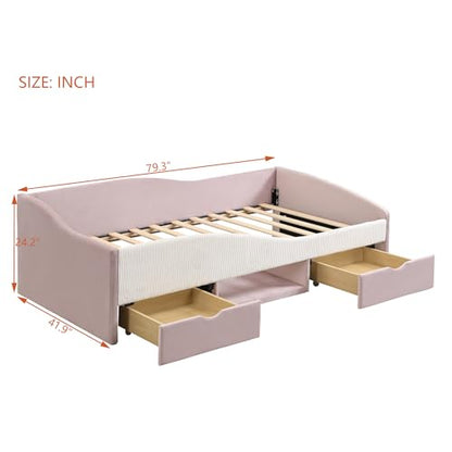JIVOIT Twin Size Upholstered Daybed, 2 Storage Drawers, Padded Shelf, Guardrail (Pink/ Twin,82)