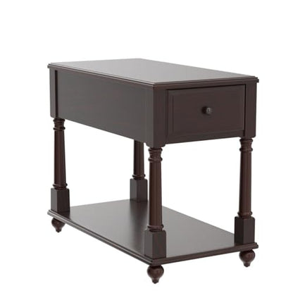 Narrow End SideTable with Drawer and Storage Shelf, Solid Wood Sofa Tables, Slim Beside Table- Telephone for Small Spaces, Living Room, 22"L x 13"W x 22.7"H No-tools Assembly Dark Walnut BBJ004DWA