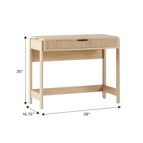 Transitional Style Furniture, Reeded Detail, Lift-Top Desk with Drawer and Storage Cubby, Sitting to Standing Desk, Soft Self-Close Desktop, 38 Inch, Coastal Oak